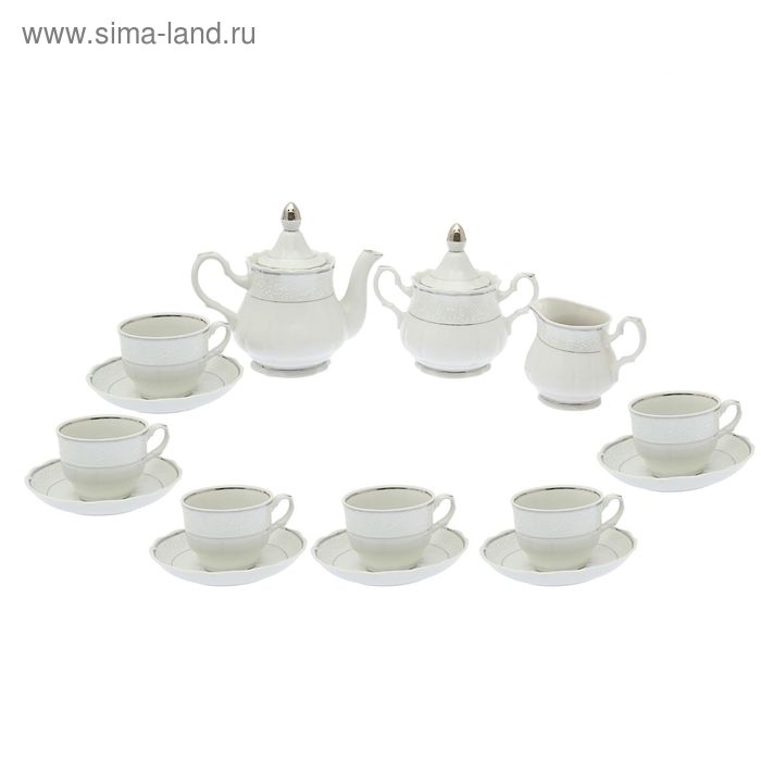 Сервиз чайный "Романс. Серебристый" 15 предметов: 6 чашек чайных 250 мл, 6 блюдец чайных 15 см чайник 800 мл, сахарница 550 мл, сливочник чайный 350 мл - Фото 1