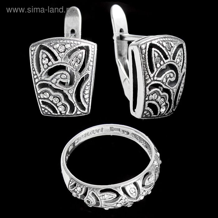 Гарнитур 2 предмета: серьги, кольцо "Кижи", размер 18, цвет белый в черненом серебре - Фото 1
