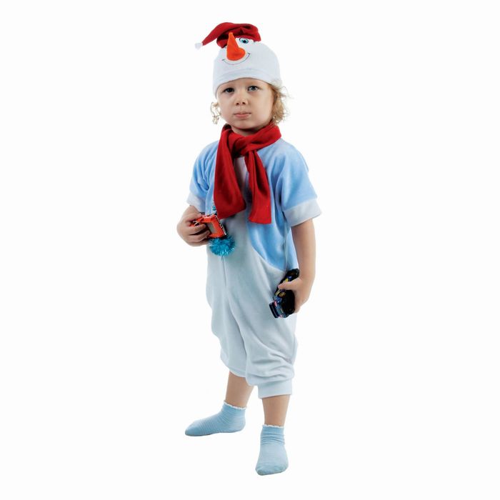 Детский карнавальный костюм «Снеговик в голубом жилете», велюр: комбинезон, шарф, шапка, рост 68–92 см - фото 1908279679