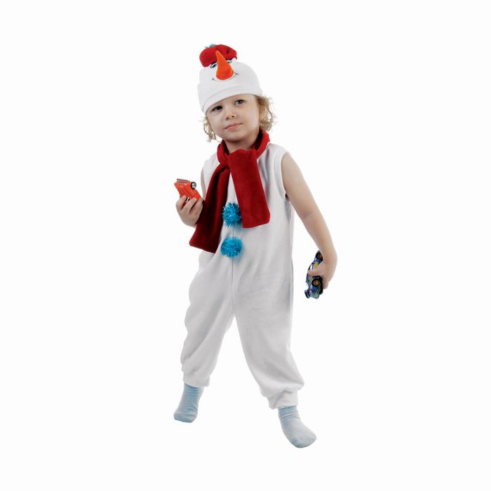 Карнавальный костюм «Белый снеговик», велюр, комбинезон, шарф, шапка, рост 98 см - фото 1908279680