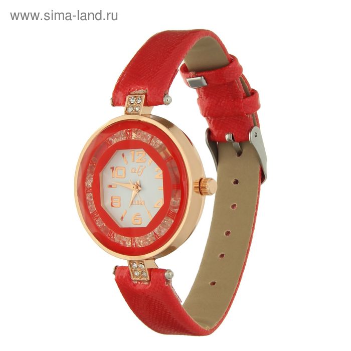 Часы наручные женские цветной ободок с римскми цифрами и стразами, ремешок красный - Фото 1