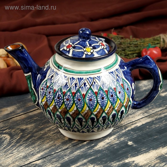Чайник Риштанская Керамика "Узоры", 1000 мл, синий - Фото 1