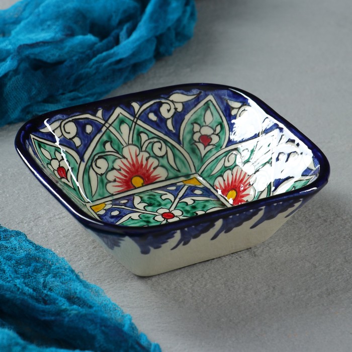 Салатница Риштанская Керамика "Цветы", 13 см, синяя, микс