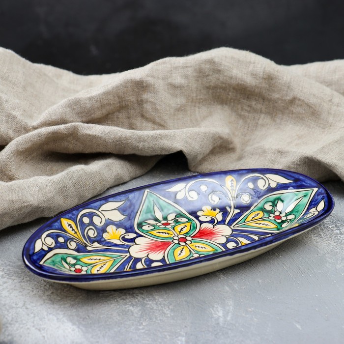 Селёдочница Риштанская Керамика "Цветы", 24 см, синяя, микс - фото 1908280053