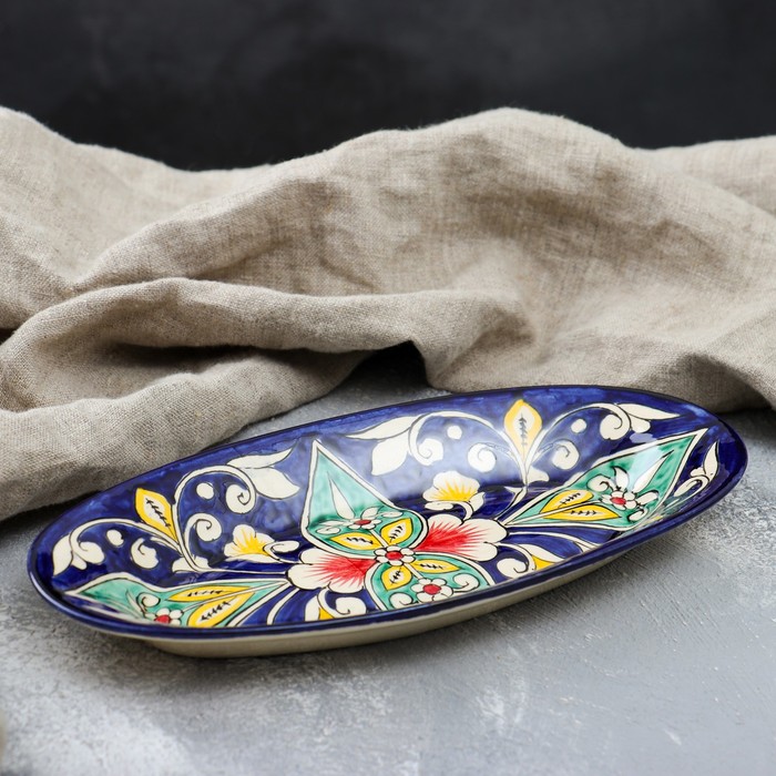 Селёдочница Риштанская Керамика "Цветы", 24 см, синяя, микс - фото 1908280054