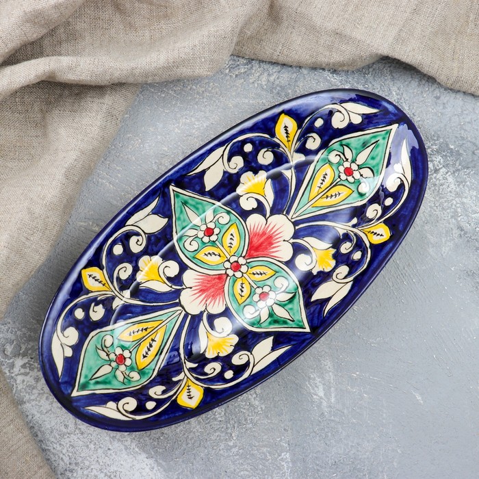 Селёдочница Риштанская Керамика "Цветы", 24 см, синяя, микс - фото 1927284692
