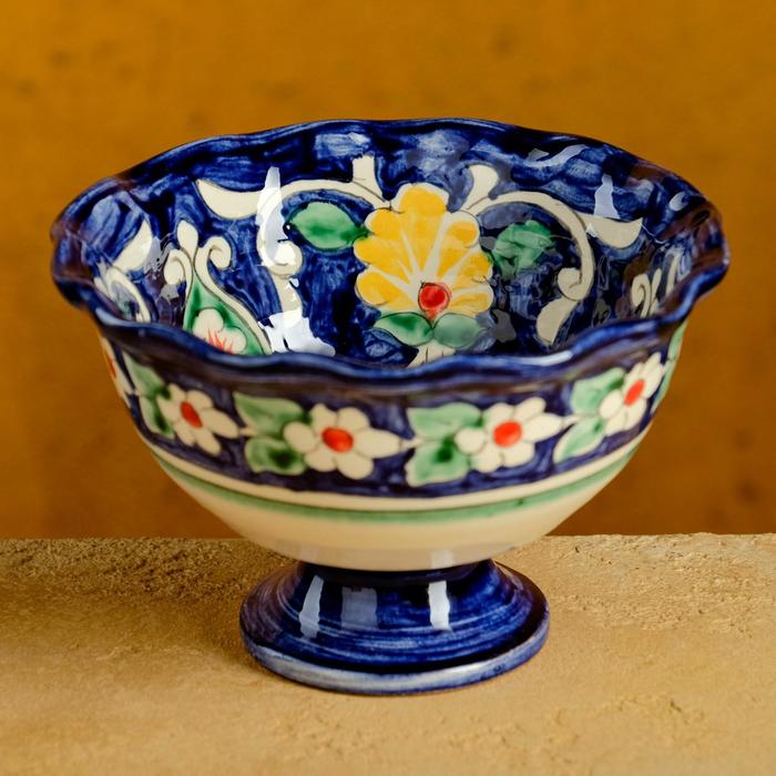 Конфетница Риштанская Керамика "Цветы", 13 см, синяя - фото 1909753425