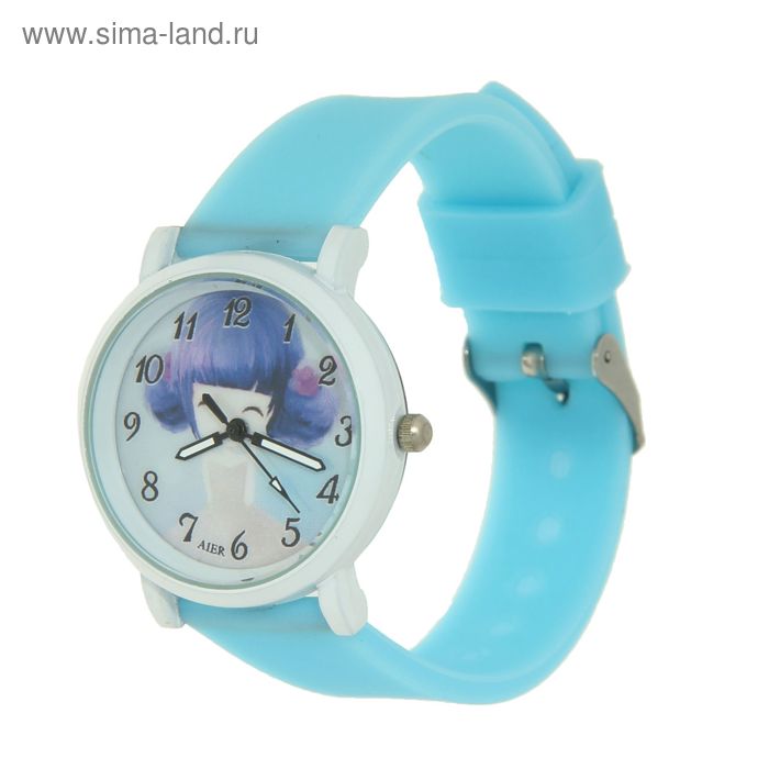 Часы наручные женские циферблат с девочкой, белый корпус, силиконовый ремешок голубой - Фото 1