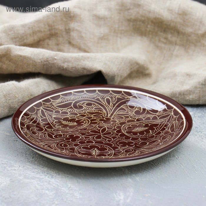 Тарелка Риштанская Керамика "Узоры", коричневая, плоская, 15 см - Фото 1