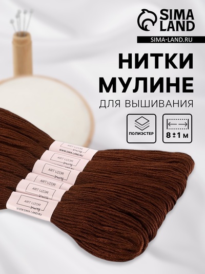 Нитки мулине №938, 8±1 м, набор 6 шт., тёмно-коричневые