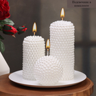 Набор свечей фигурных "жемчужный" (4 в 1), с подсвечником, цилиндры, шар, белый (в коробке) - фото 320578892