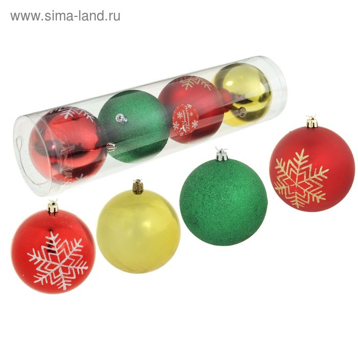 Набор шаров пластик d-10 см, 4 шт "Снежинка" красный, зелёный, золото - Фото 1