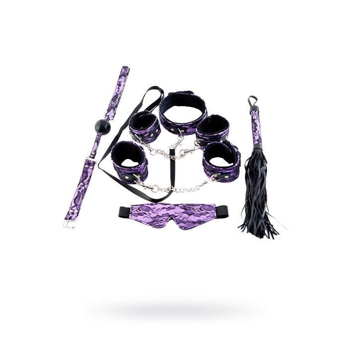 Кружевной набор пурпурный: маска, наручники, оковы, ошейник, флоггер, кляп - Фото 1