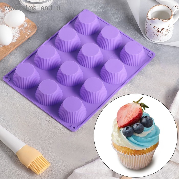 Форма силиконовая для выпечки Доляна «Круг. Риб», 26×35 см, 12 ячеек (d=7 см), цвет МИКС - Фото 1