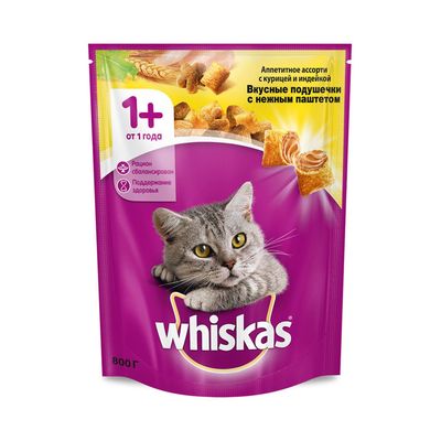 Сухой корм Whiskas для кошек, курица/индейка, подушечки, 800 г