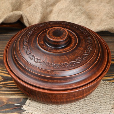 Сковорода "Дымленая", декор, красная глина, с крышкой, 2.5 л