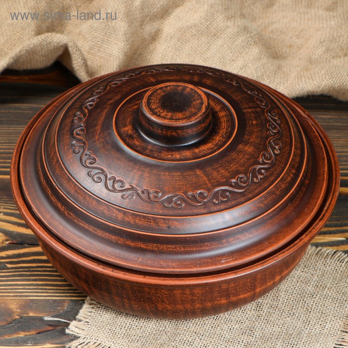 Сковорода "Дымленая", декор, красная глина, с крышкой, 2.5 л - Фото 1