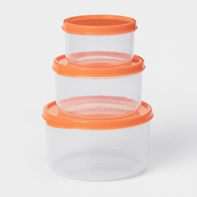 Набор контейнеров пищевых круглых Доляна, 3 шт.: 150 мл, 300 мл, 500 мл, прозрачные, крышка оранжевая