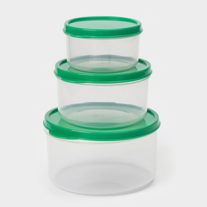 Набор контейнеров для хранения еды Доляна, 3 шт., 150 мл, 300 мл, 500 мл, пластик, круглые, прозрачные, крышка зелёная - Фото 1