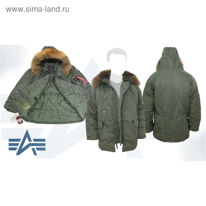 Куртка утеплённая N-3B Parka Alpha Industries Sage Green, натуральный мех, 4XL - Фото 1