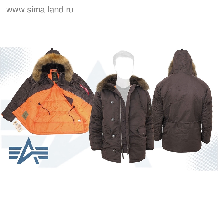 Куртка утеплённая Slim Fit N-3B Parka Alpha Industries Deep Brown/Orange, натуральный мех, 3XL - Фото 1