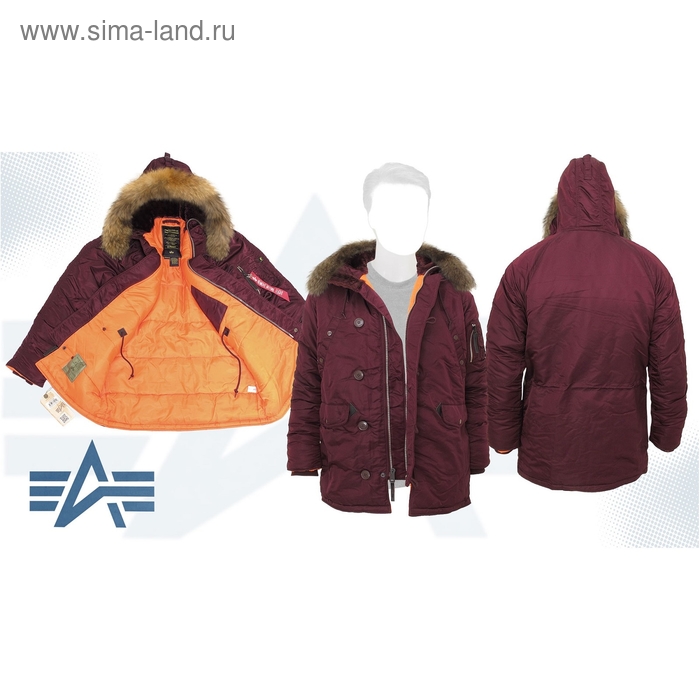 Куртка утеплённая Slim Fit N-3B Parka Alpha Industries Maroon/Orange, натуральный мех, M - Фото 1