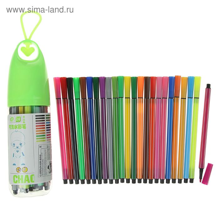 Фломастеры, 24 цвета, в пластиковом тубусе с ручкой, вентилируемый колпачок, МИКС - Фото 1