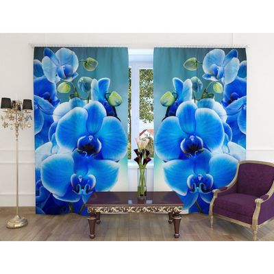 Фотошторы «Голубая орхидея», ширина 150 см, высота 260 см-2 шт., шторная лента, габардин