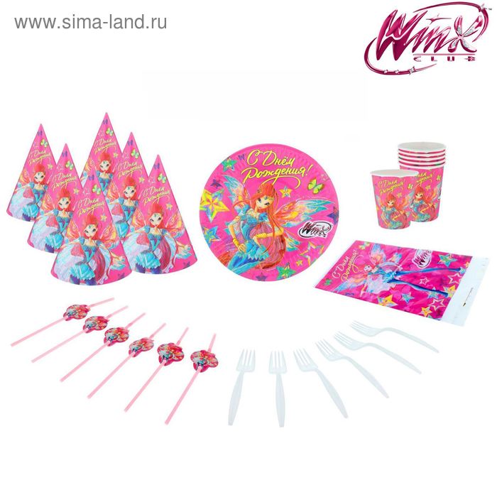 Бумажная посуда "С Днем Рождения" феи ВИНКС, Блум, набор на 6 персон - Фото 1