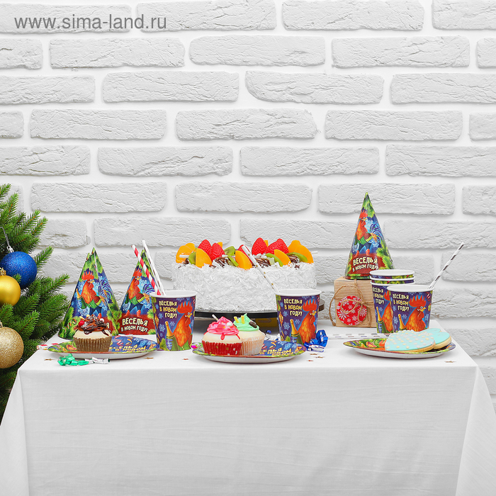 Набор для праздника "Веселья в Новом году" петух (колпаки, тарелки, стаканы) 18 предметов - Фото 1