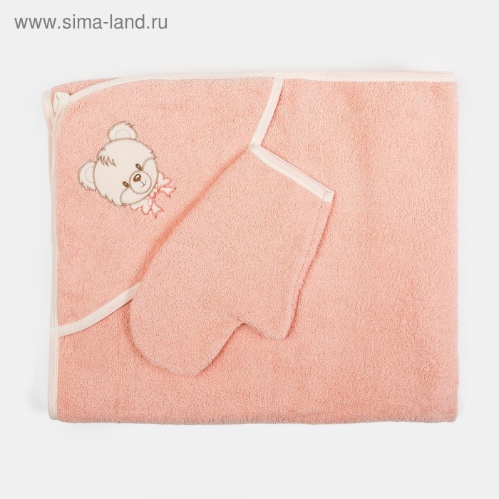 Набор для купания (полотенце-уголок, рукавица) 100х110 см, цвет персиковый МИКС - Фото 1