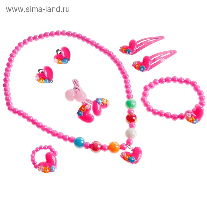 Набор детский "Выбражулька" 7 предм: 2 заколки, 2резинки,клипсы,кулон,браслет,кольцо,сердечко - Фото 1