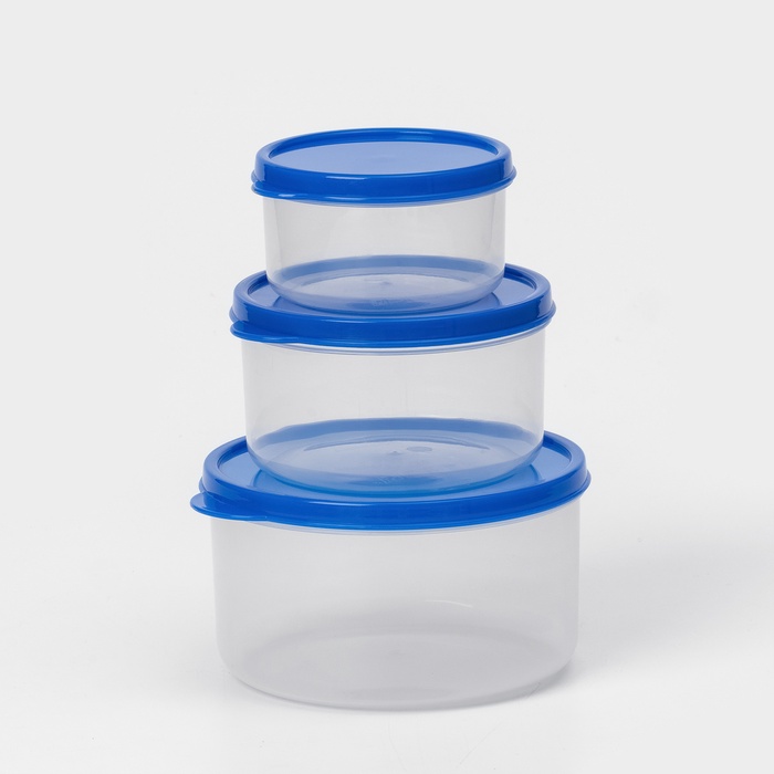 Набор контейнеров для хранения еды Доляна, 3 шт. 150 мл, 300 мл, 500 мл, прозрачные, крышка синяя - Фото 1