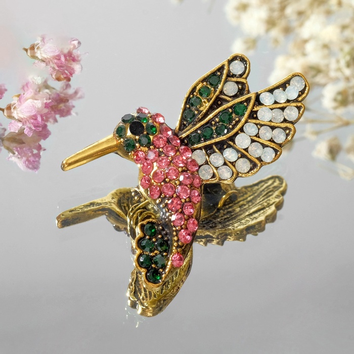 Брошь «Птичка» колибри, малиново-зелёная в чернёном золоте - Фото 1