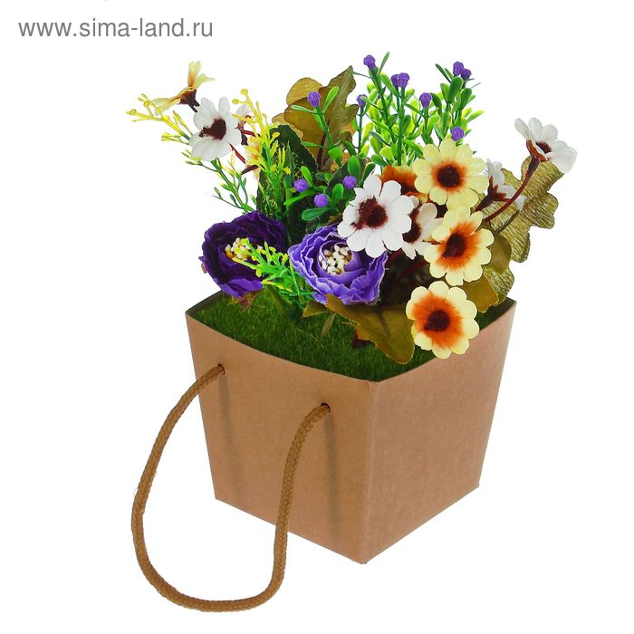 цветочная композиция в коробке со шнурком ромашки, розы 18*9*9 см - Фото 1