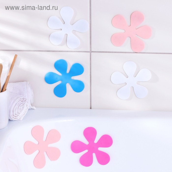 Набор мини-ковриков для ванны на присосках Доляна «Цветочек», 10,5×10,5 см, 6 шт, цвет МИКС - Фото 1