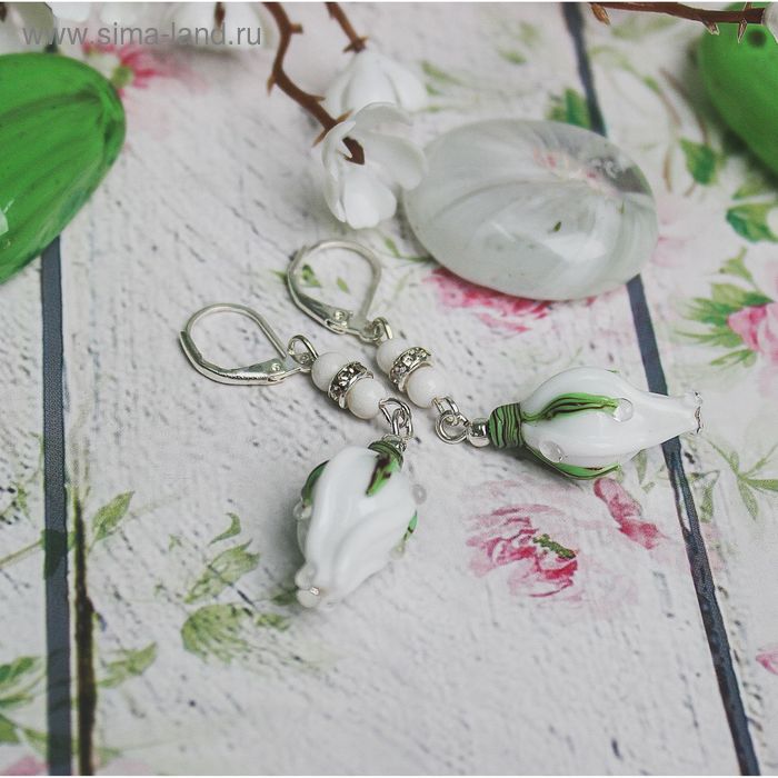 Серьги ручная работа «Муранское стекло» бутоны розы, цвет бело-зеленый - Фото 1