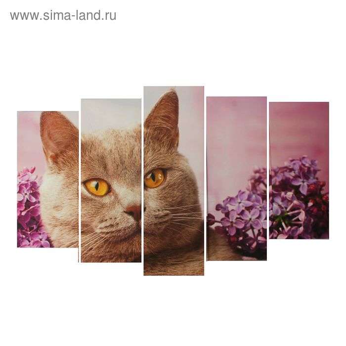 Картина модульная на подрамнике "Кошка в сирени" 2-25х55; 2-25х65; 1-25х75:  125х75см - Фото 1