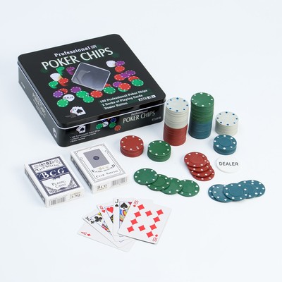 Набор для покера Professional Poker Chips: 2 колоды карт по 54 шт., 100 фишек, металлическая коробка, УЦЕНКА (коробка мятая или отсутствует)