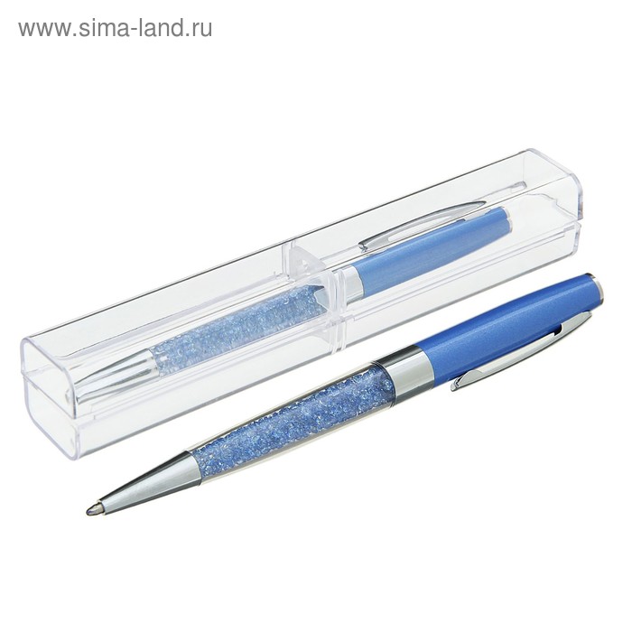 Ручка подарочная шариковая в пластиковом футляре поворотная NEW Стразы голубая с серебром - Фото 1