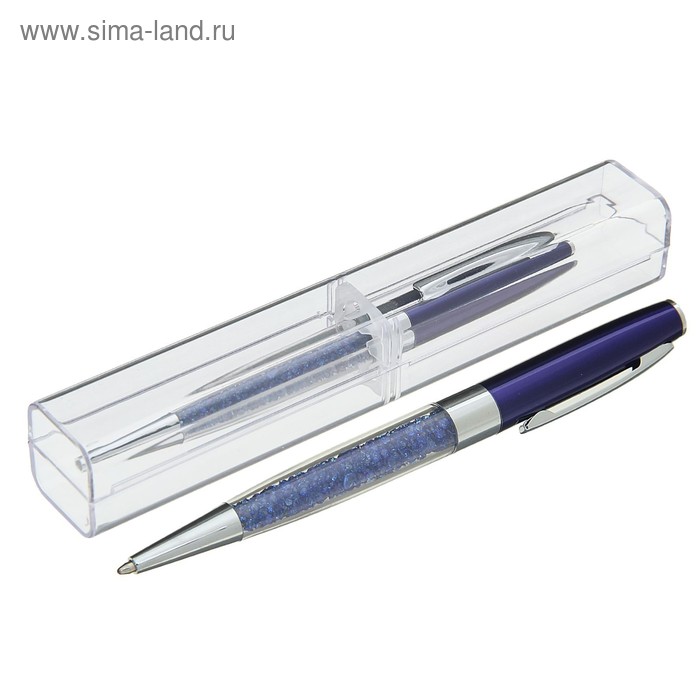 Ручка шариковая подарочная в пластиковом футляре поворотная NEW Стразы синяя с серебром - Фото 1
