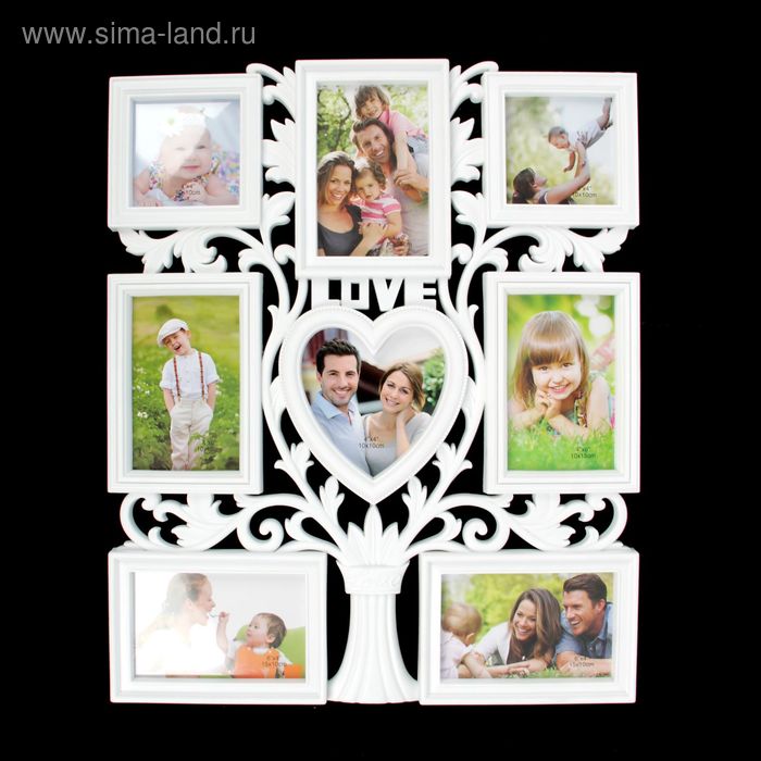 Фоторамка пластик на 8 фото 10х15см, 12х12 см, 10х10 см "Дерево счастья" белая 41х50 см - Фото 1