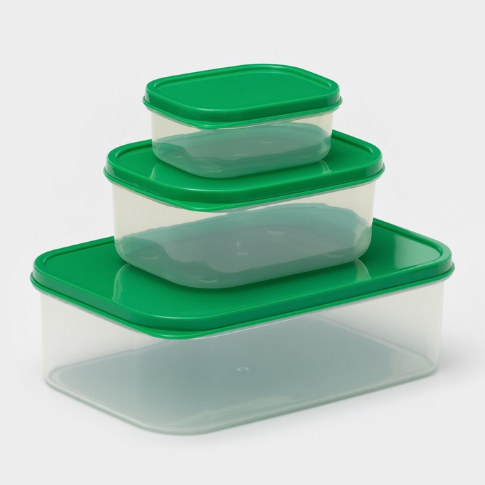Набор контейнеров для хранения еды Доляна, прямоугольные, 3 шт. 150 мл, 500 мл, 1.2 л, пластик, зелёный - Фото 1