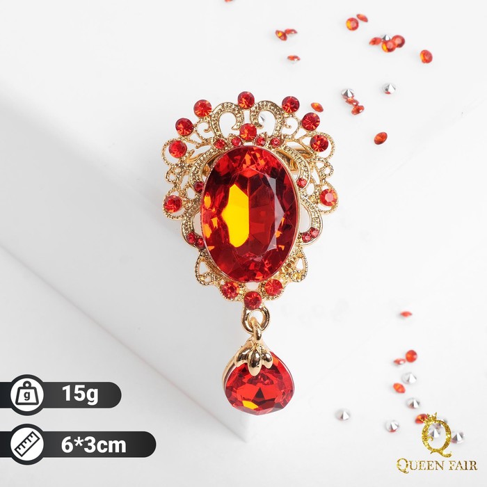 Брошь «Овал» с каплей, цвет красный в золоте - Фото 1