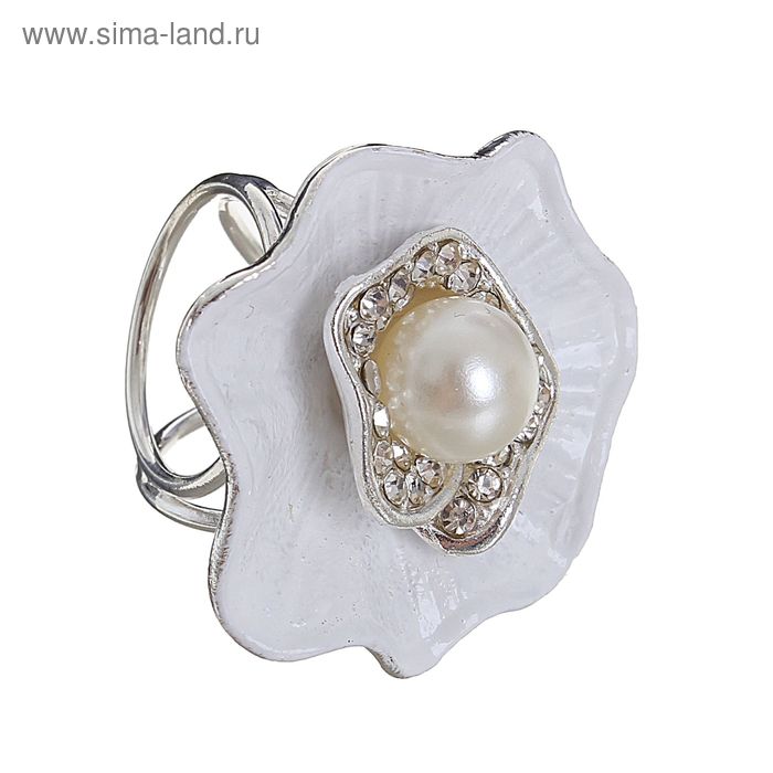 Кольцо для платка "Цветок" с жемчужиной, цвет белый в серебре