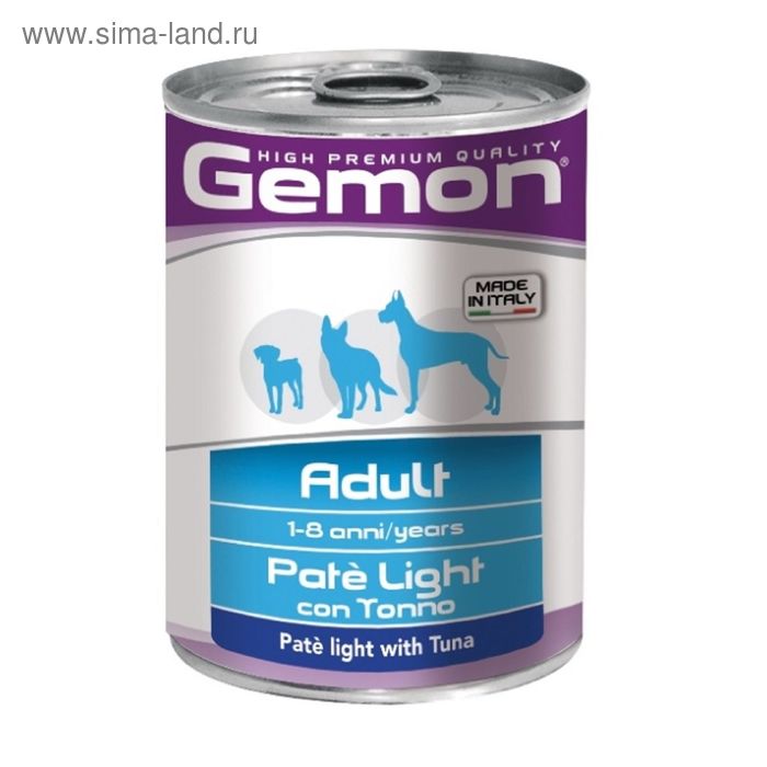 Влажный корм Gemon Dog Light для собак, облегченный паштет, тунец, ж/б, 400 г - Фото 1