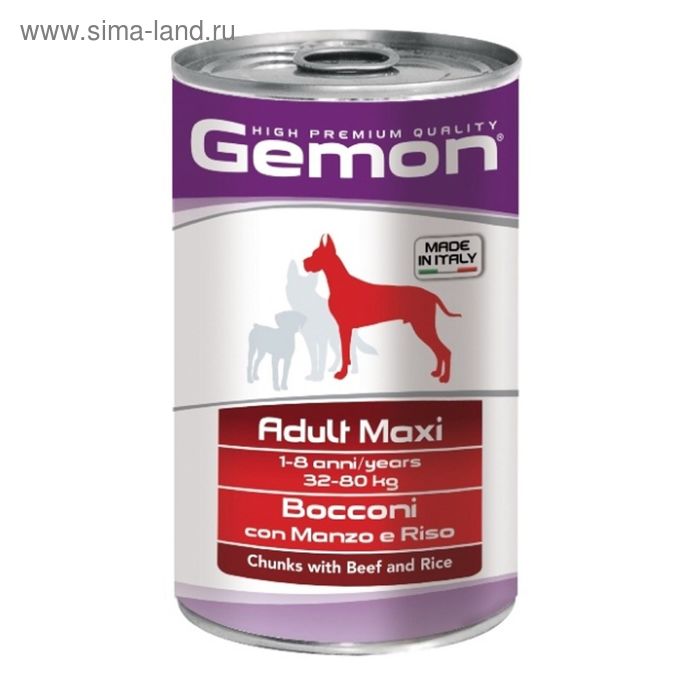 Влажный корм Gemon Dog Maxi для собак крупных пород, кусочки говядины с рисом, ж/б, 1250 г - Фото 1