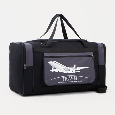 Сумка дорожная на молнии, 3 наружных кармана, длинный ремень, чёрная, серая