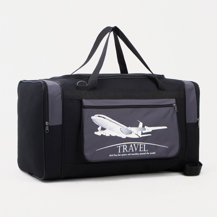 Сумка дорожная на молнии, 3 наружных кармана, длинный ремень, чёрная, серая - Фото 1