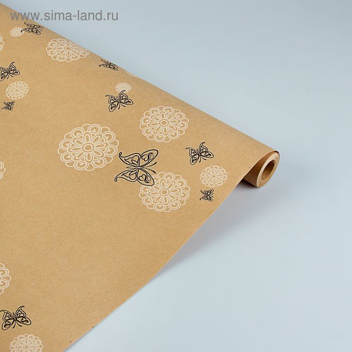 Бумага упаковочная крафт "Бабочки, кружево", двухсторонняя 0,6 x 10 м - Фото 1